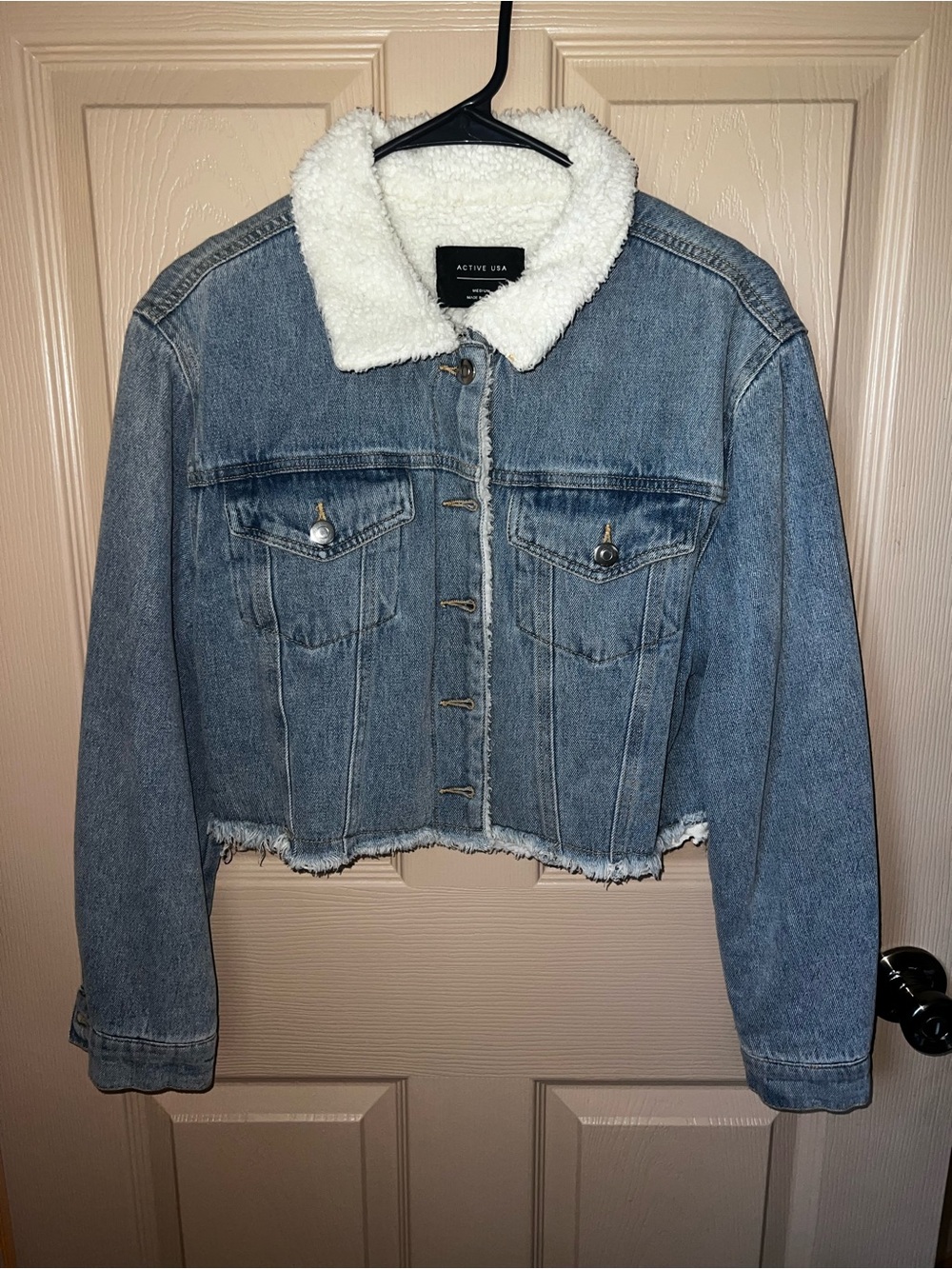 Active USA Light Blue Denim Jacket with White Sherpa Collar